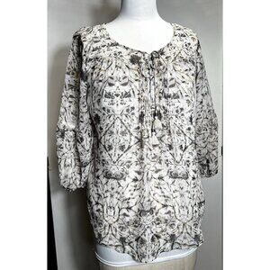 St John’s Bay Long‎ Sleeve Tan Floral Print Women’s Size Small Elastic Sleeve